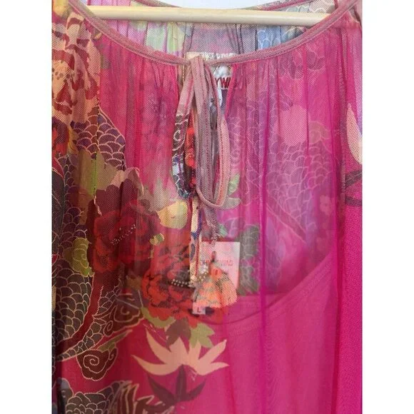 JOHNNY WAS Mazzy Floral Print Embroidered Mesh Large Split V-Neck Peasant Blouse - Picture 6 of 13